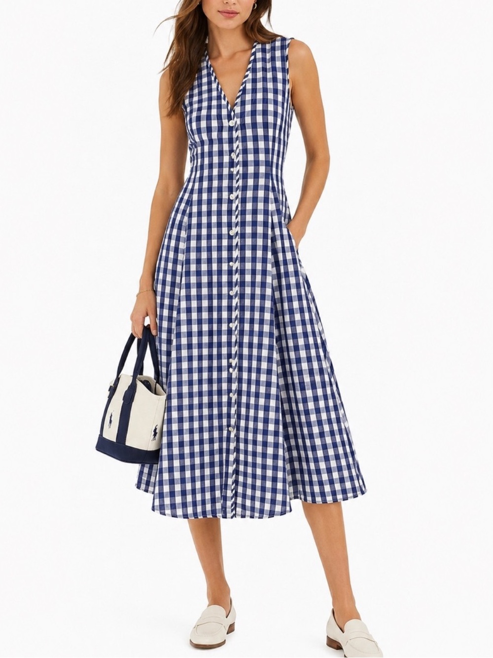 Polo Ralph Lauren White and Blue Gingham Button-Front Dress
